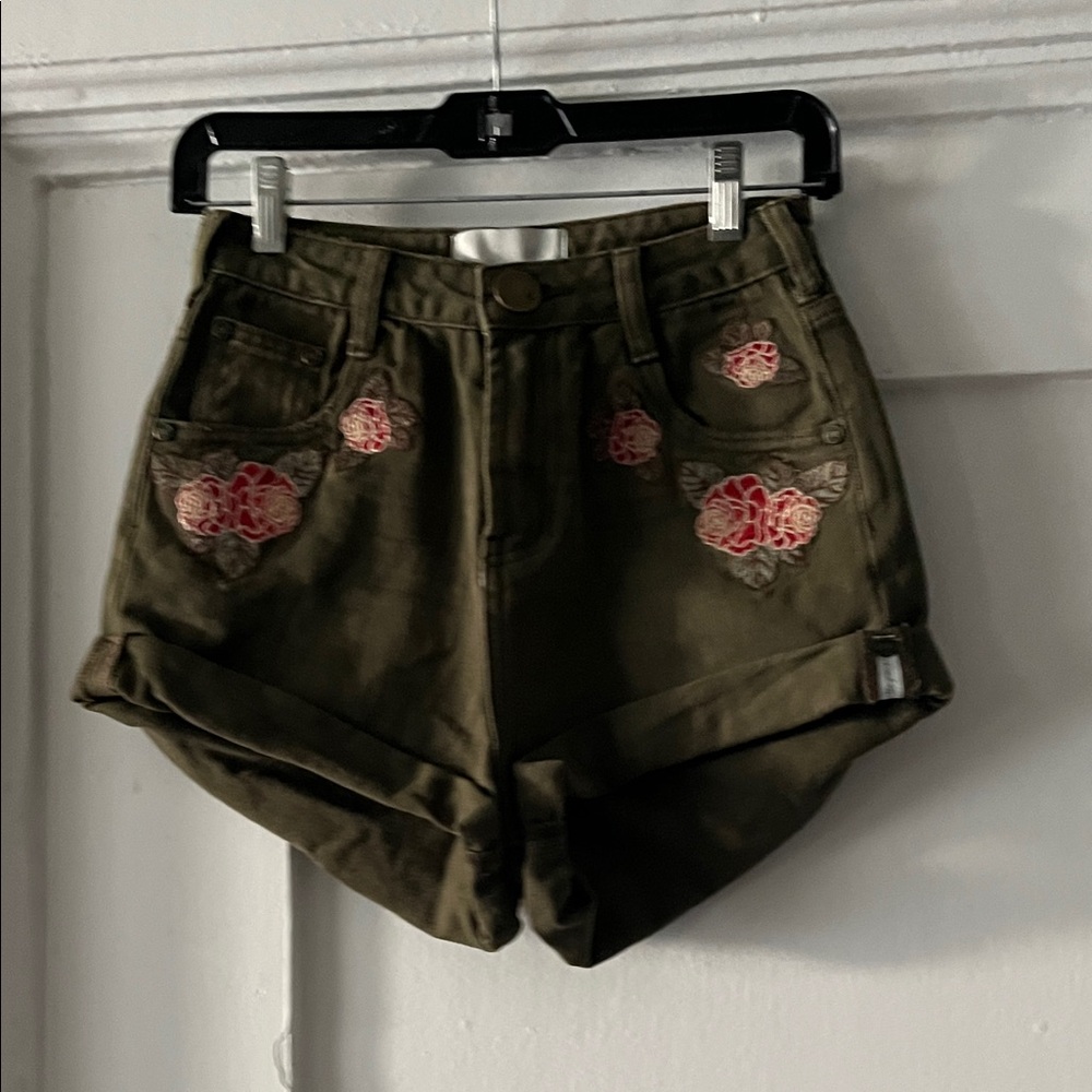 One Teaspoon Olive Cargo Shorts with Pink Embroidery